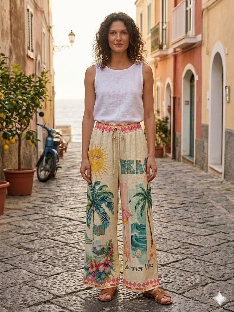 Wholesaler Miss Azur - Comfortable and flexible shiny wide-leg printed pants