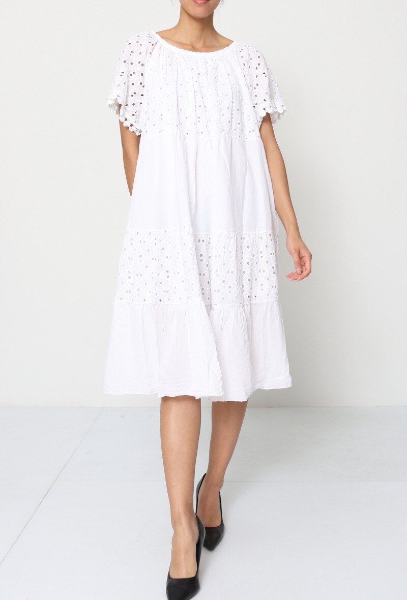 Wholesaler Miss Azur - Flared dress, mid-length, English embroidery