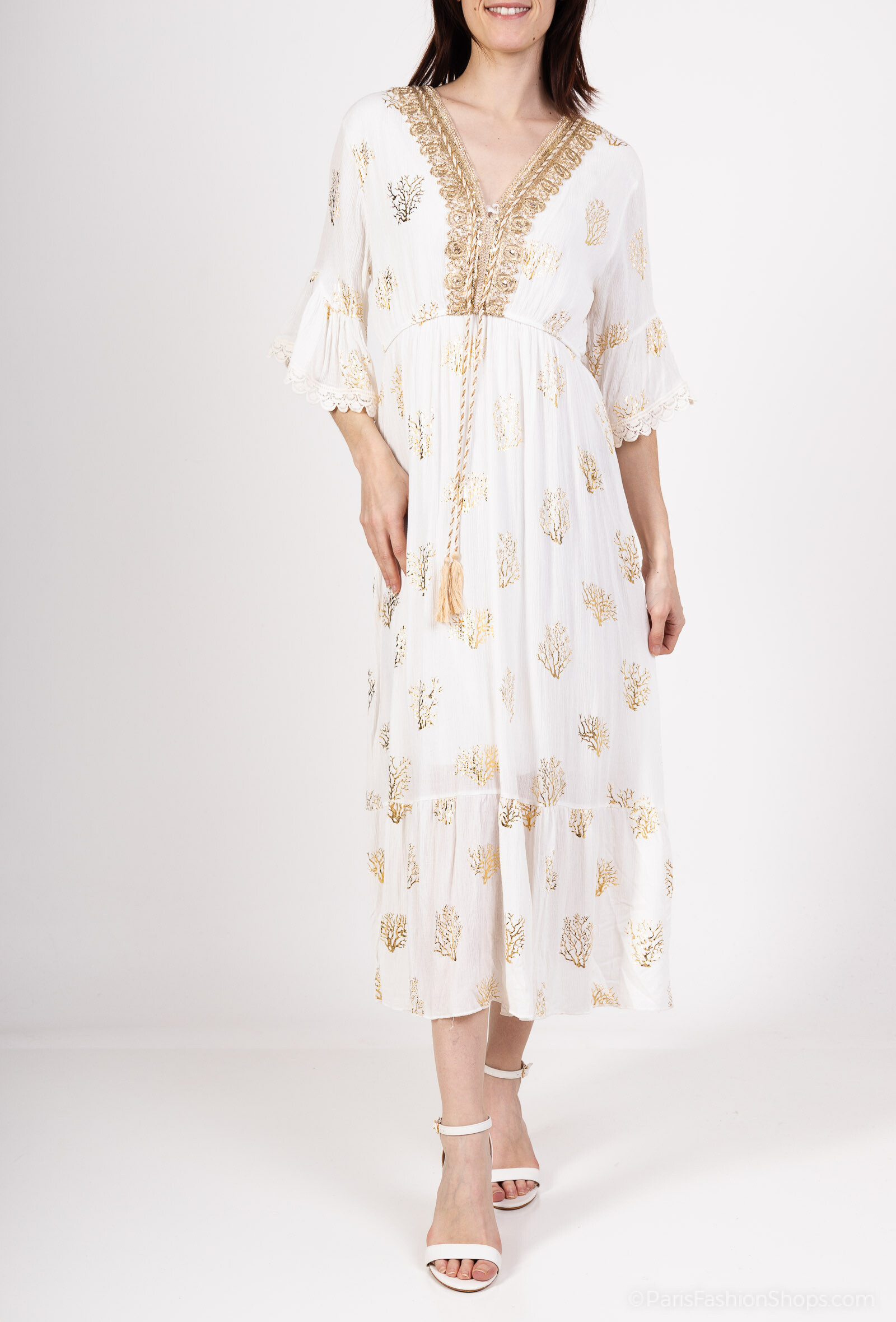 Wholesaler Miss Azur - White chic bohemian V -neck dress