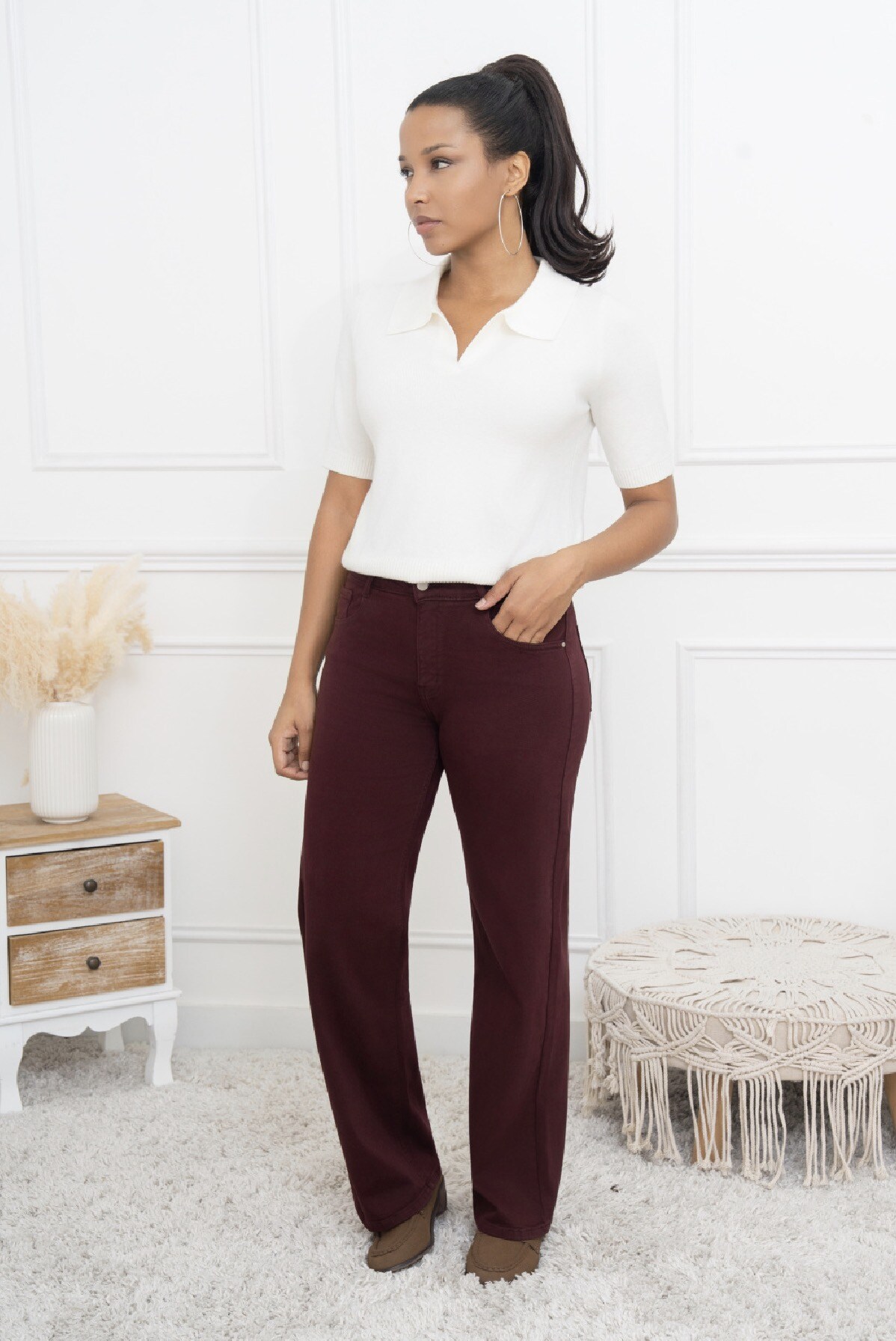 Wholesaler Miss Bon - Burgundy wide-leg jeans