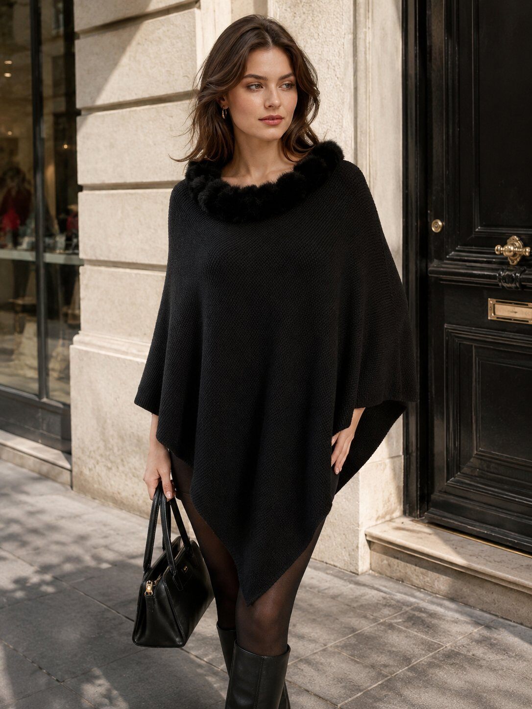 Grossiste Miss Charm - Poncho avec fausse fourrure