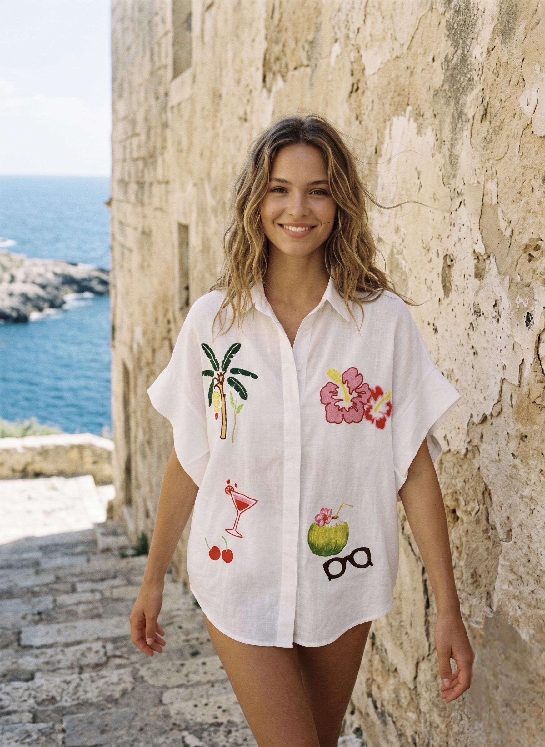 Grossiste Miss Charm - Chemise oversize brodé et imprimé