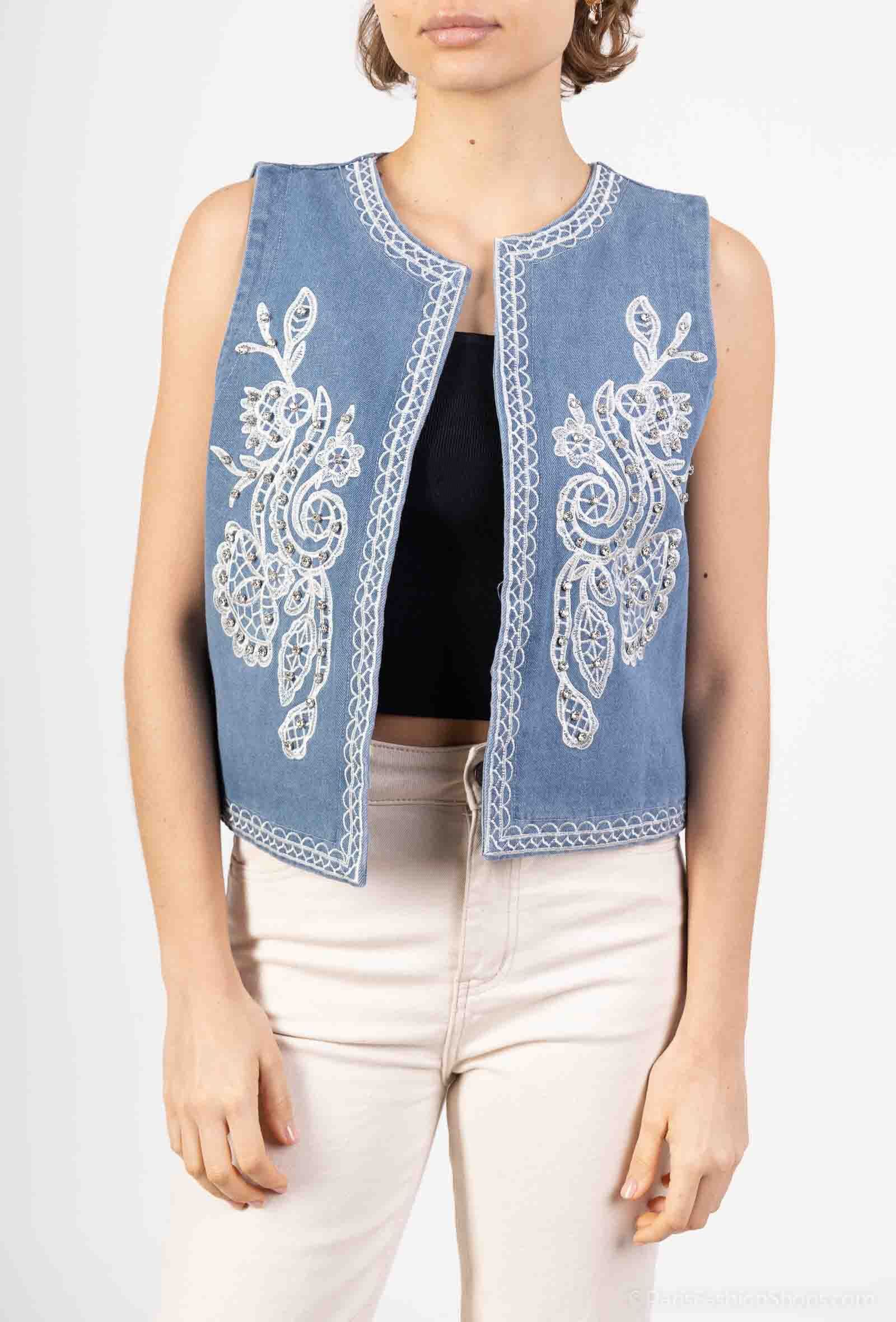 Grossiste Miss Charm - Gilet en jeans à motif fleurs et diamants