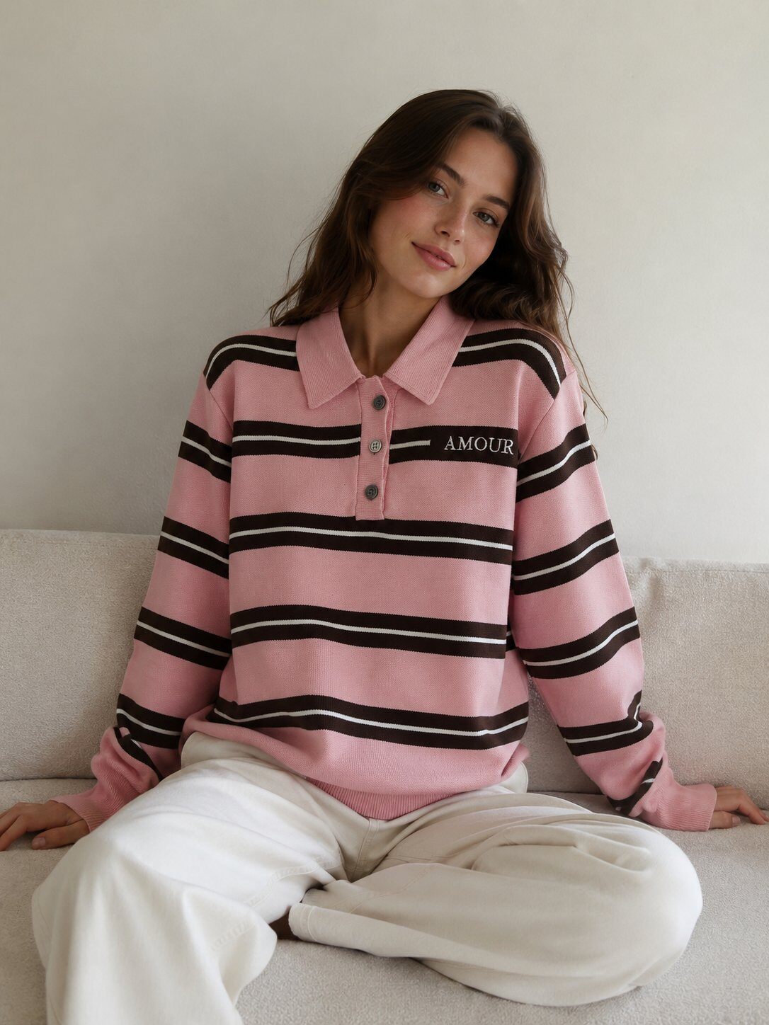 Mayorista Miss Charm - Suéter polo a rayas con motivos de amor