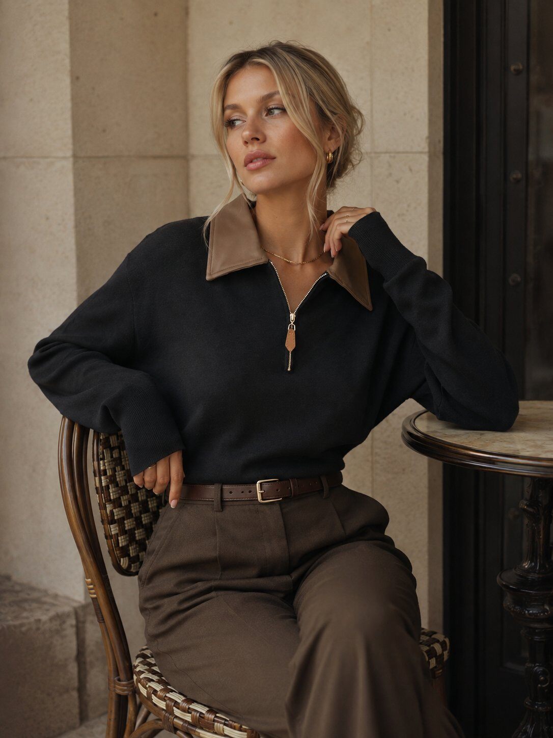 Grossiste Miss Charm - Pull en maille col polo similicuir