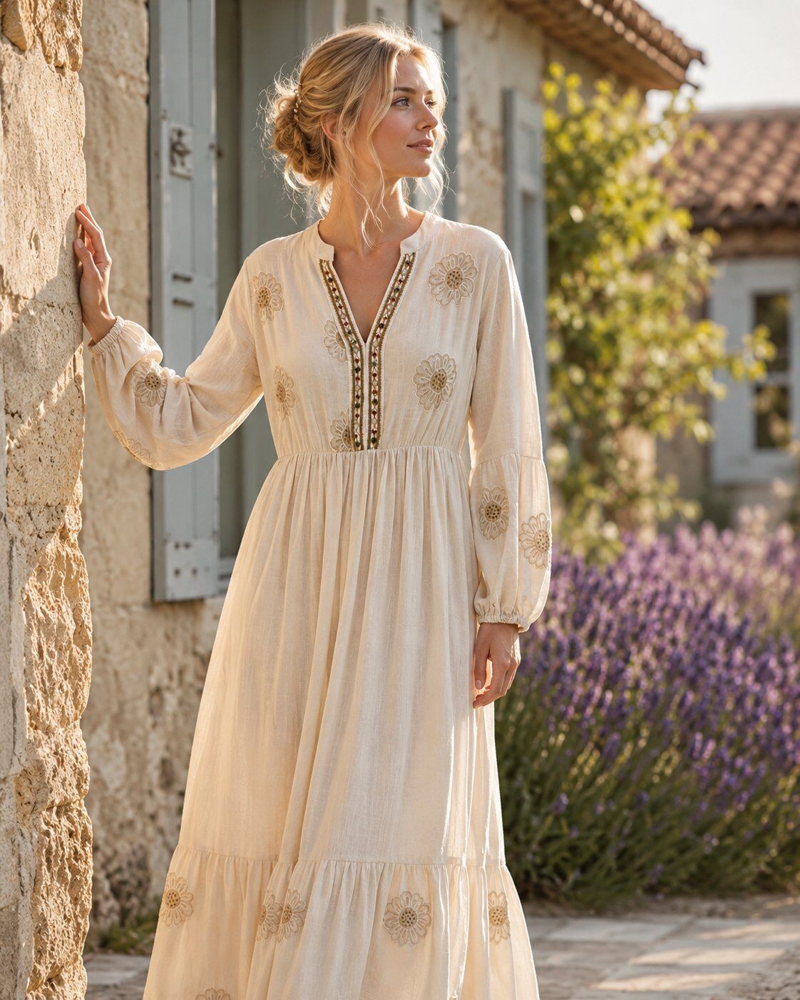 Grossiste Miss Charm - Robe longue bohème en coton écru brodée – Élégance naturelle