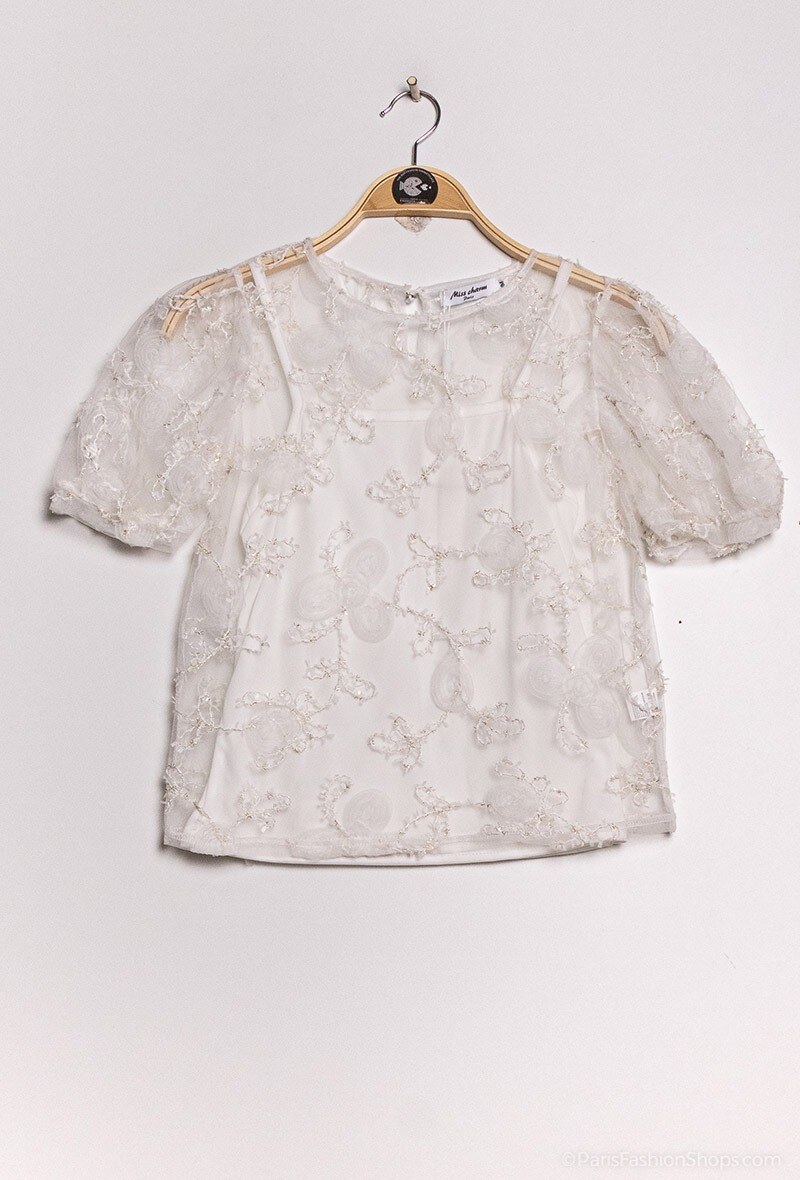 Grossiste Miss Charm - Blouse fleurie en tulle avec doublure