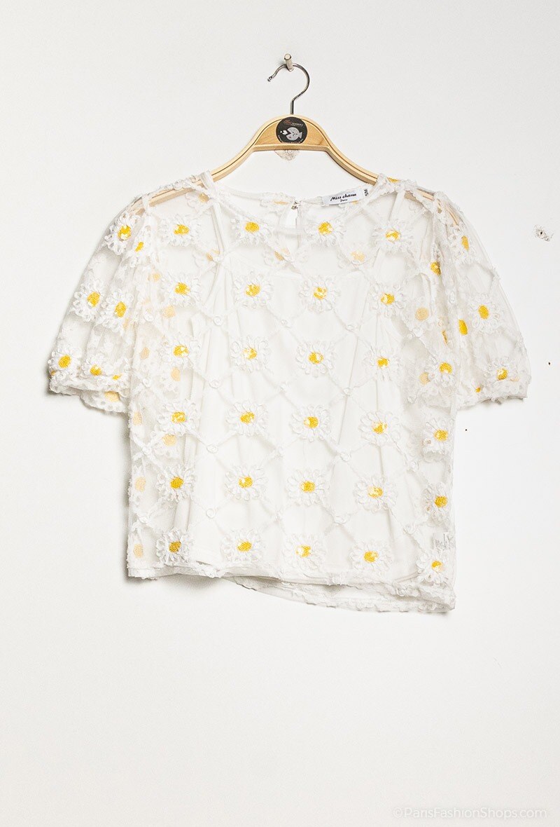 Grossiste Miss Charm - Blouse fleurie en tulle avec doublure
