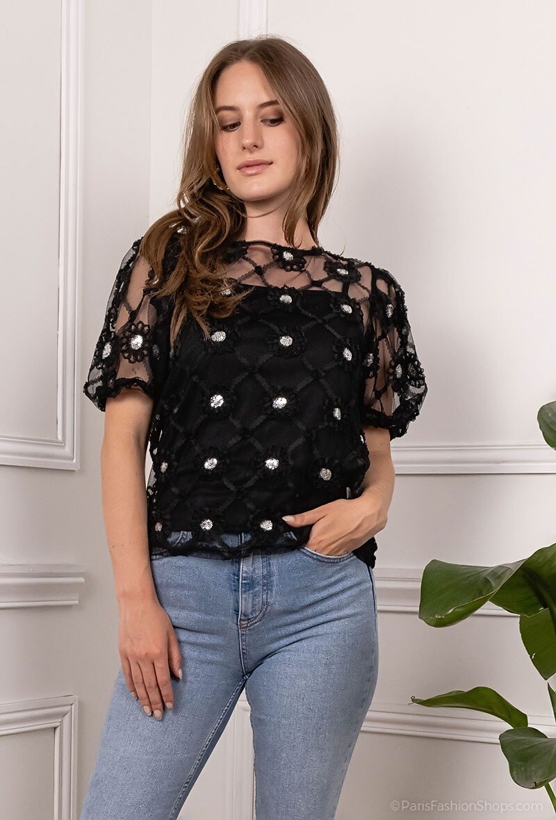 Großhändler Miss Charm - Geblümte Tüllbluse mit Futter