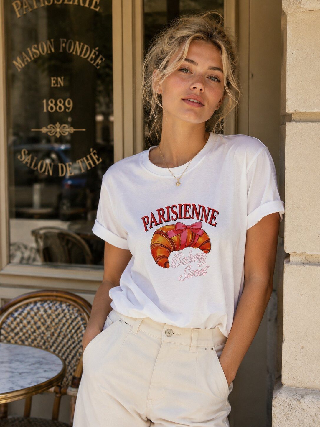 Grossiste Miss Charm - Top t-shirt à motif Parisienne bakery sweet