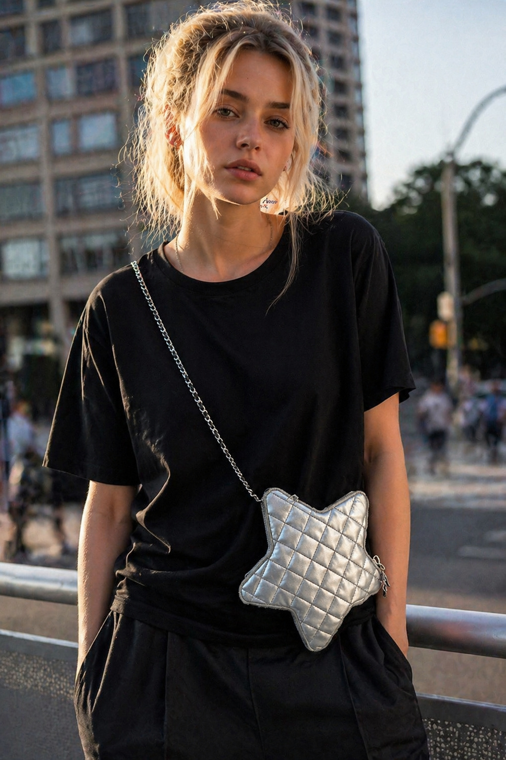 Grossiste Miss Charm - T-shirt avec sac étoile matelassé argenté intégré