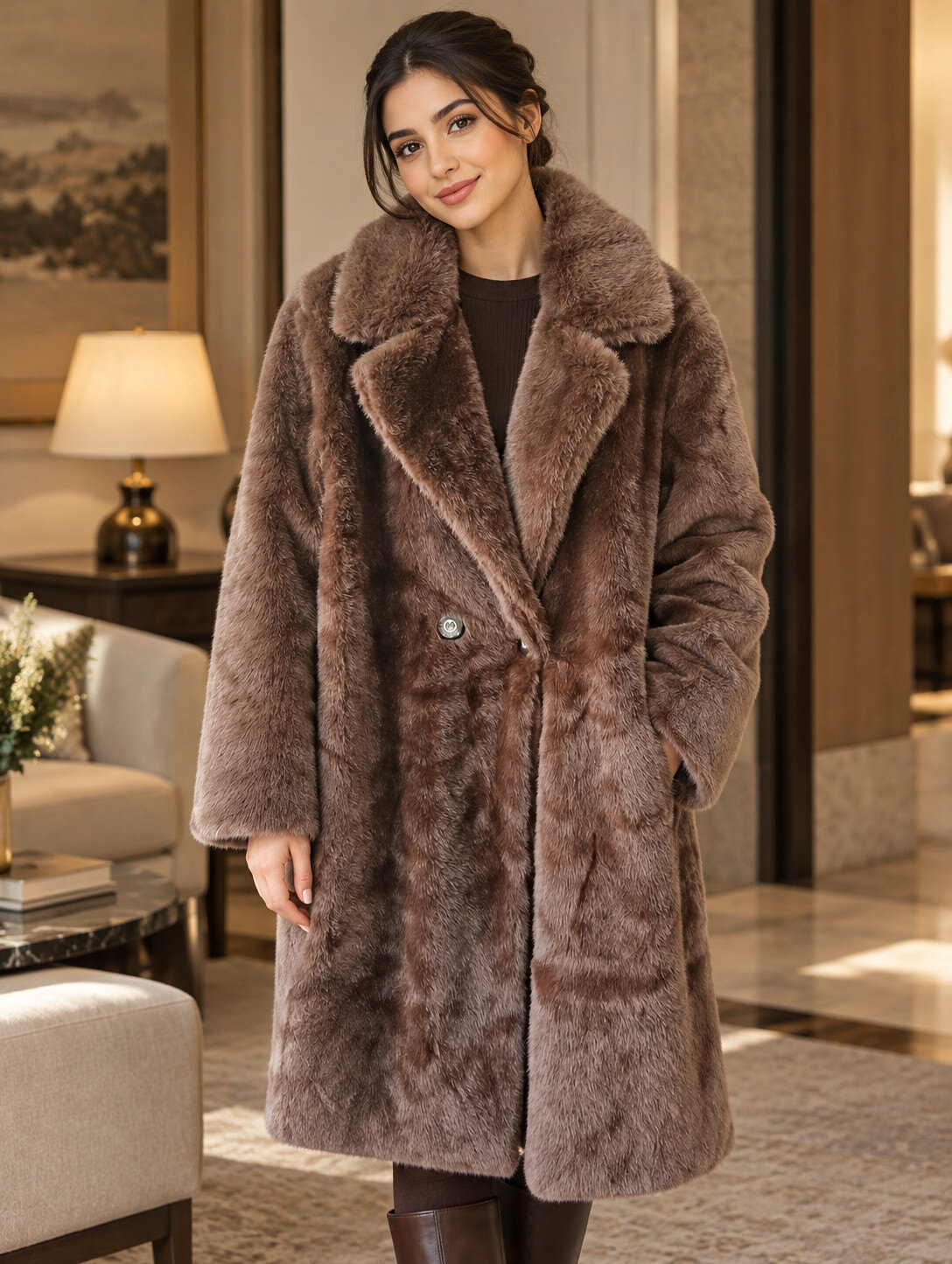 Wholesaler MISS GOLDEN - Mid-length faux fur effect coat with wide collar