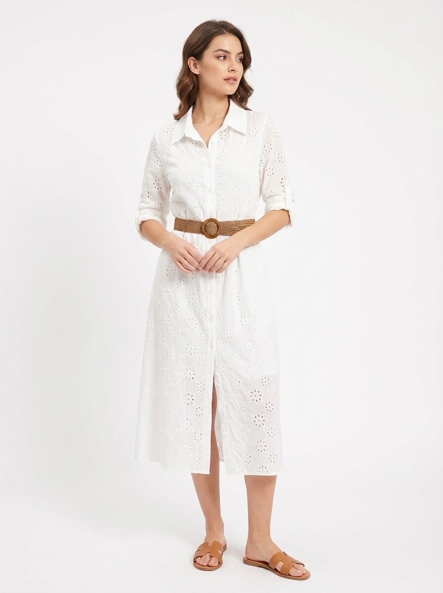 Grossiste MISS GOLDEN - Robe-Chemise Midi en Broderie Anglaise avec Ceinture tressée