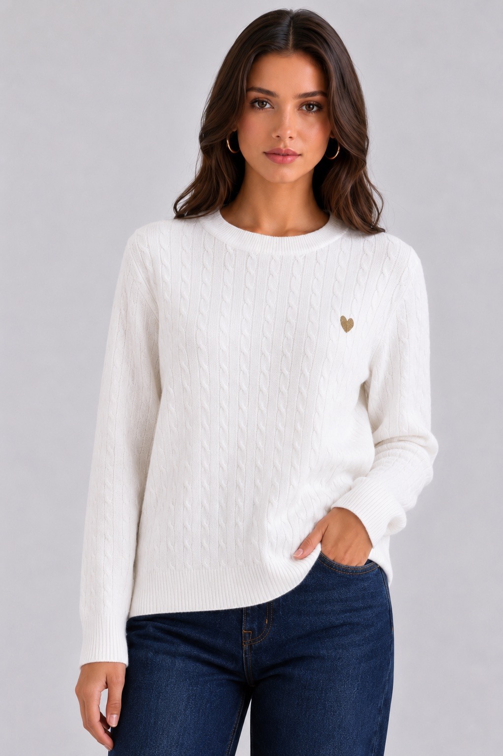 Grossiste MISS SARA - Pull en maille torsadée broderie cœur