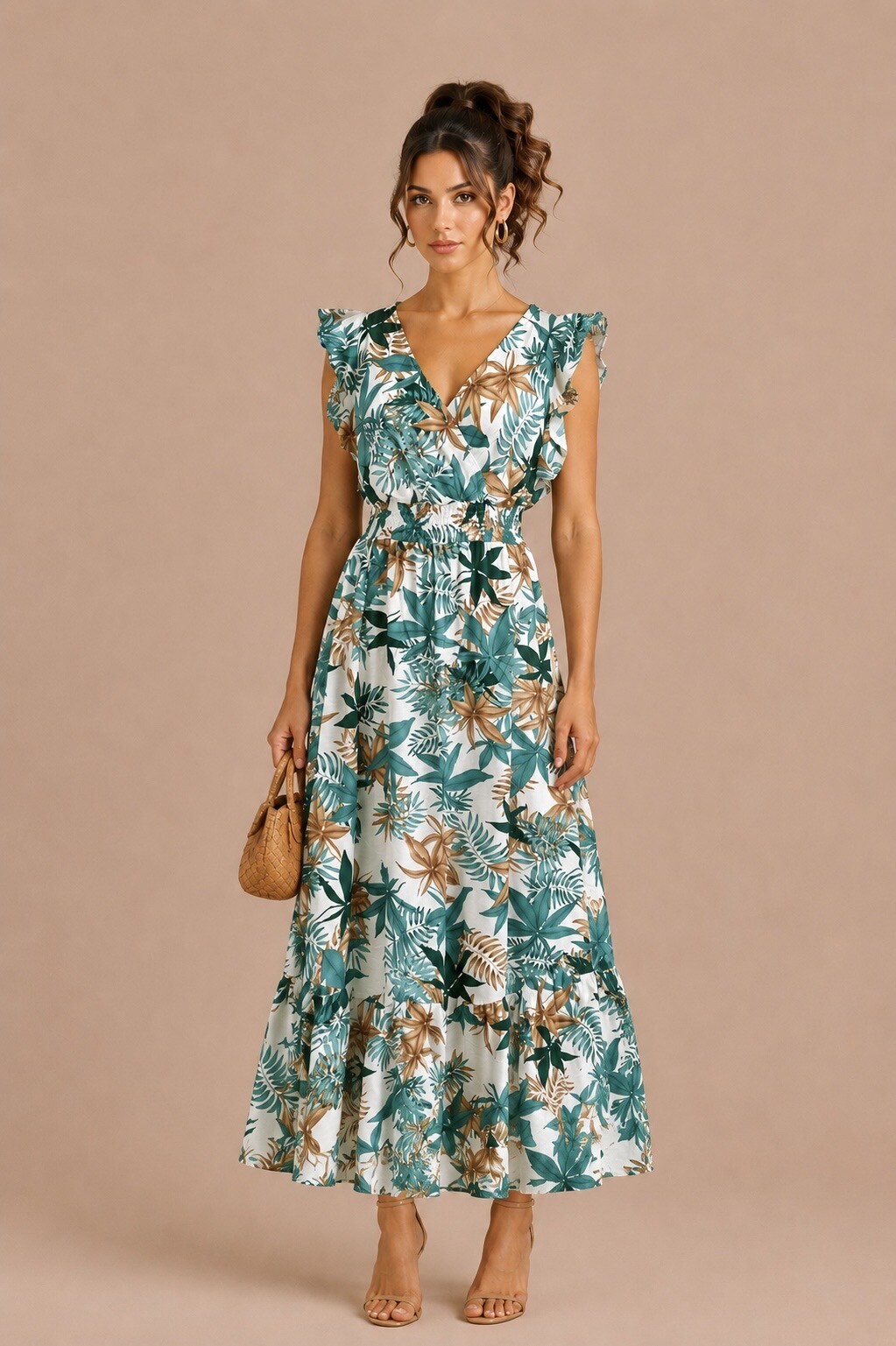 Mayorista MISS SARA - Vestido largo estampado con pequeñas mangas con volantes