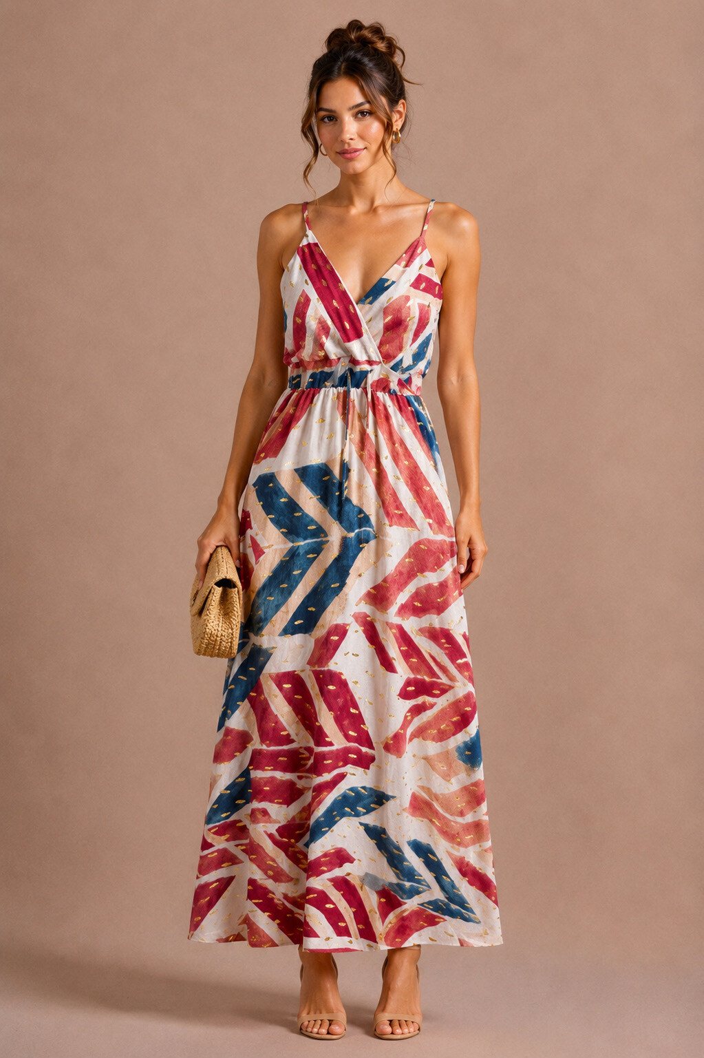 Mayorista MISS SARA - Vestido estampado con tirantes ajustables y detalles dorados