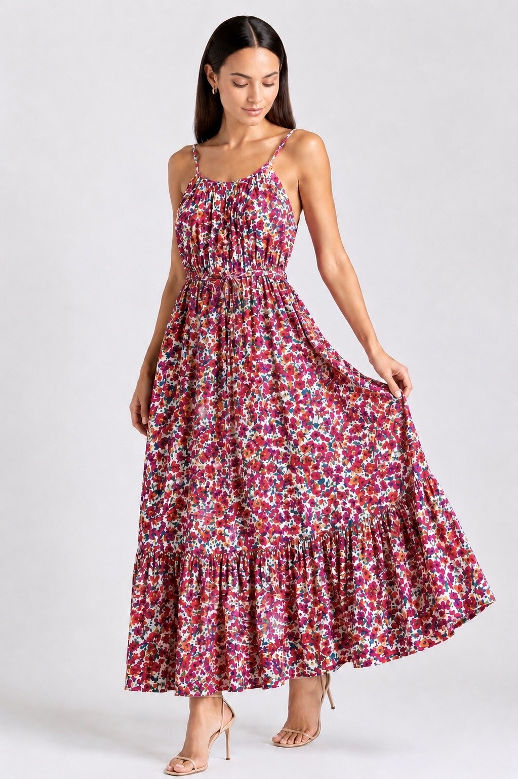 Mayorista MISS SARA - Vestido largo y holgado con tirantes ajustables, cinturón y estampado con detalles dorados