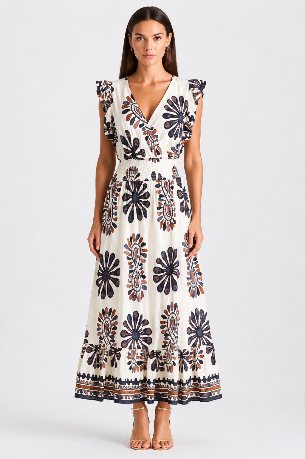 Grossiste MISS SARA - Robe longue imprimé à manches volantées, décolleté V et taille smockée