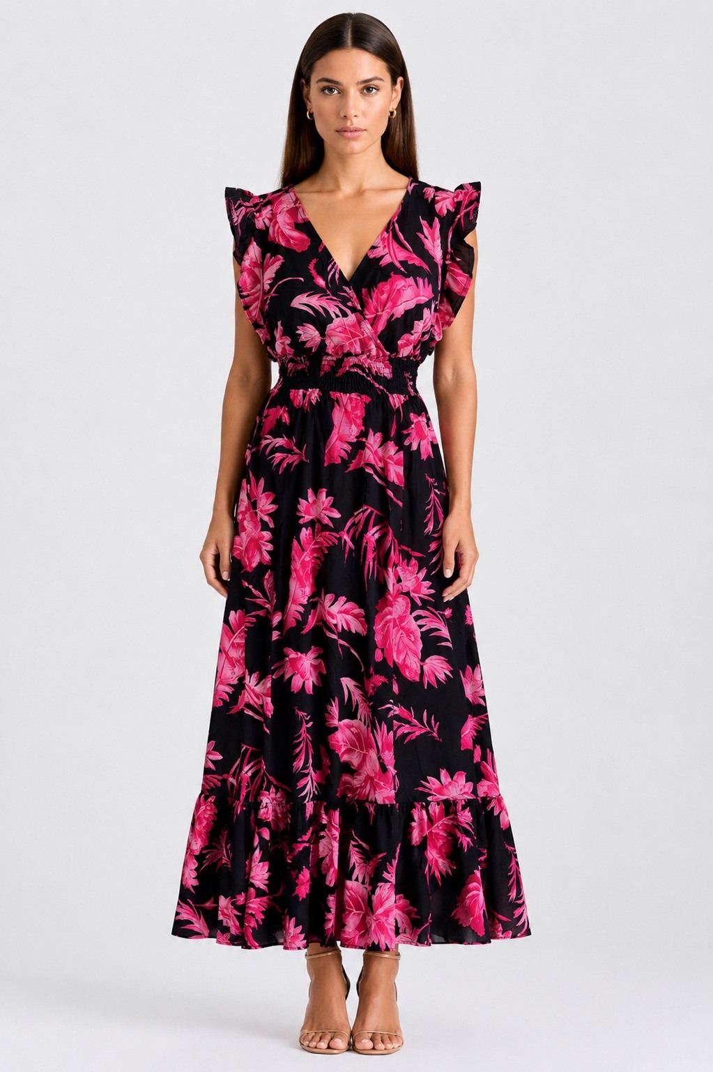 Mayorista MISS SARA - Vestido largo estampado con pequeñas mangas con volantes