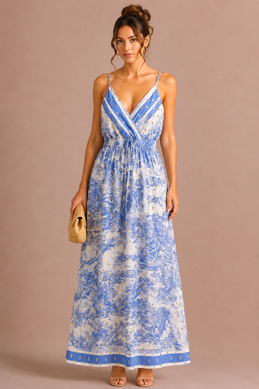 Mayorista MISS SARA - Vestido estampado con tirantes ajustables y detalles dorados