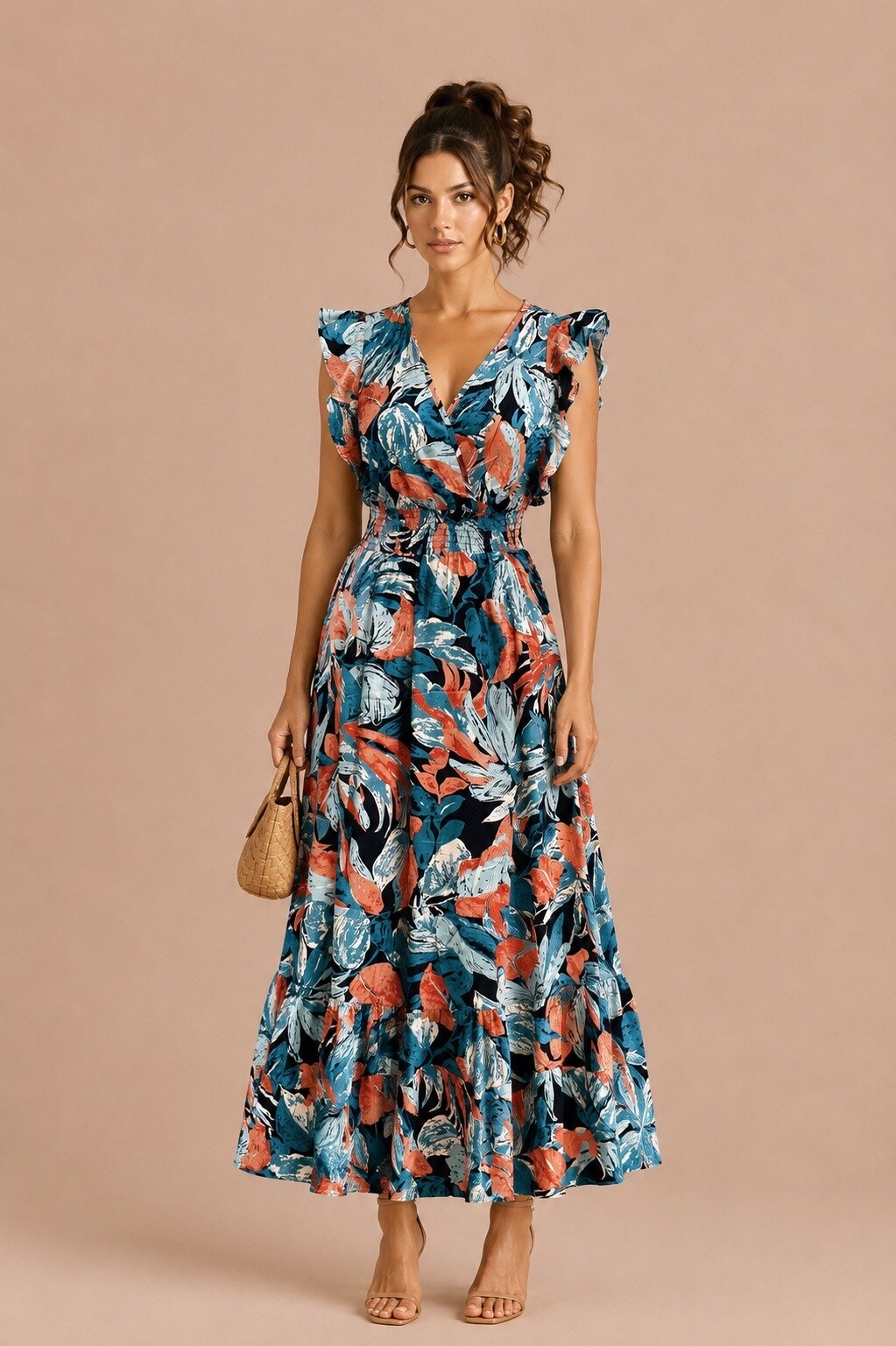 Grossiste MISS SARA - Robe longue imprimé à manches volantées, décolleté V et taille smockée