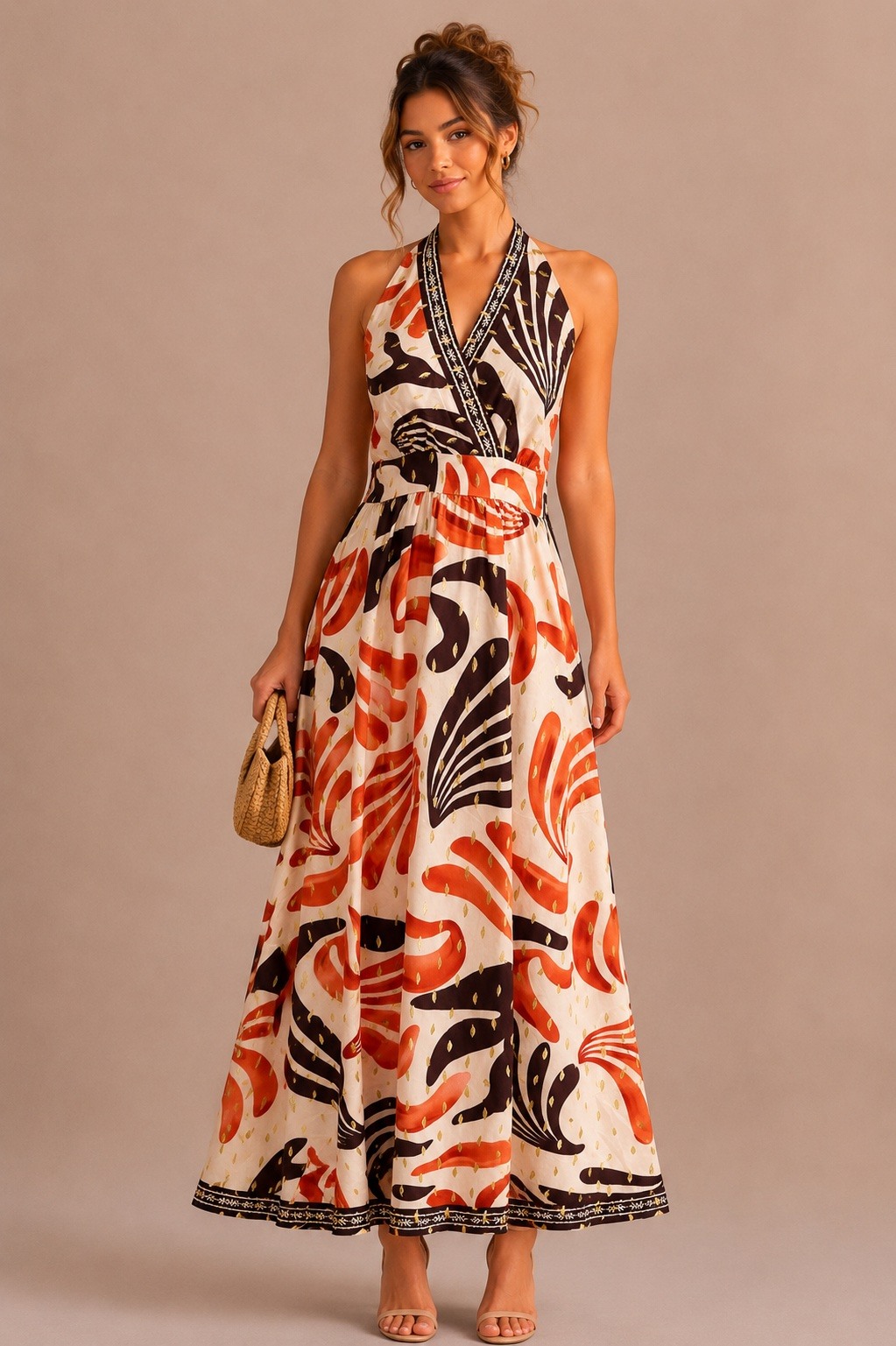 Wholesaler MISS SARA - Long backless dress with a smocked back and lemon print
