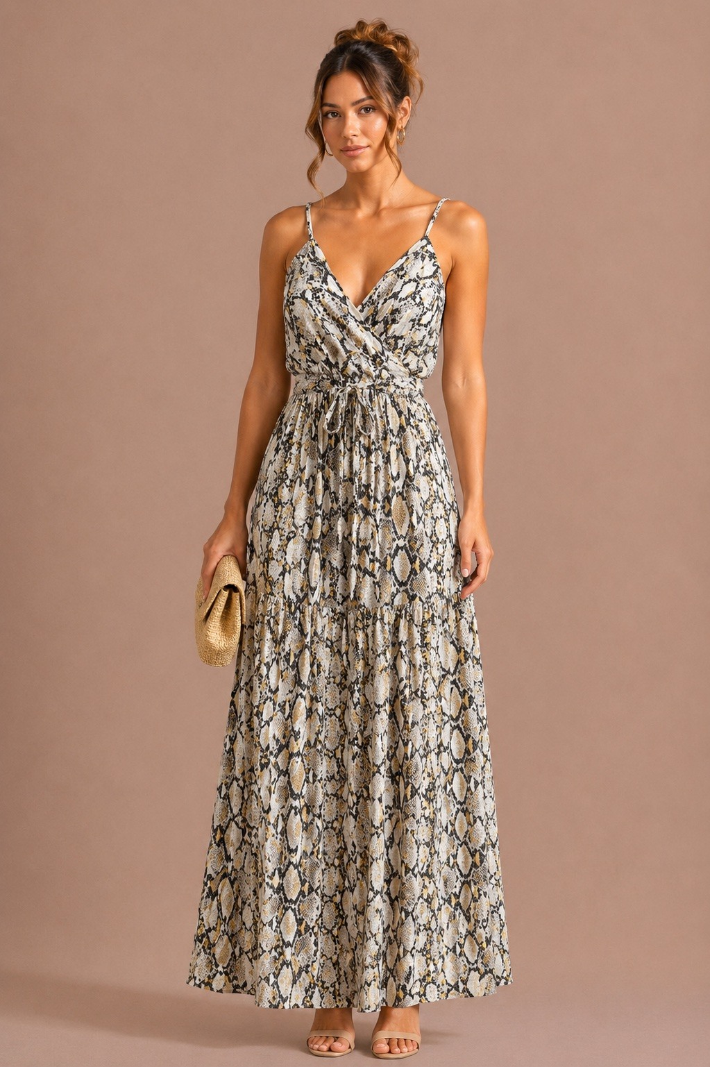 Mayorista MISS SARA - Vestido estampado con tirantes ajustables y detalles dorados