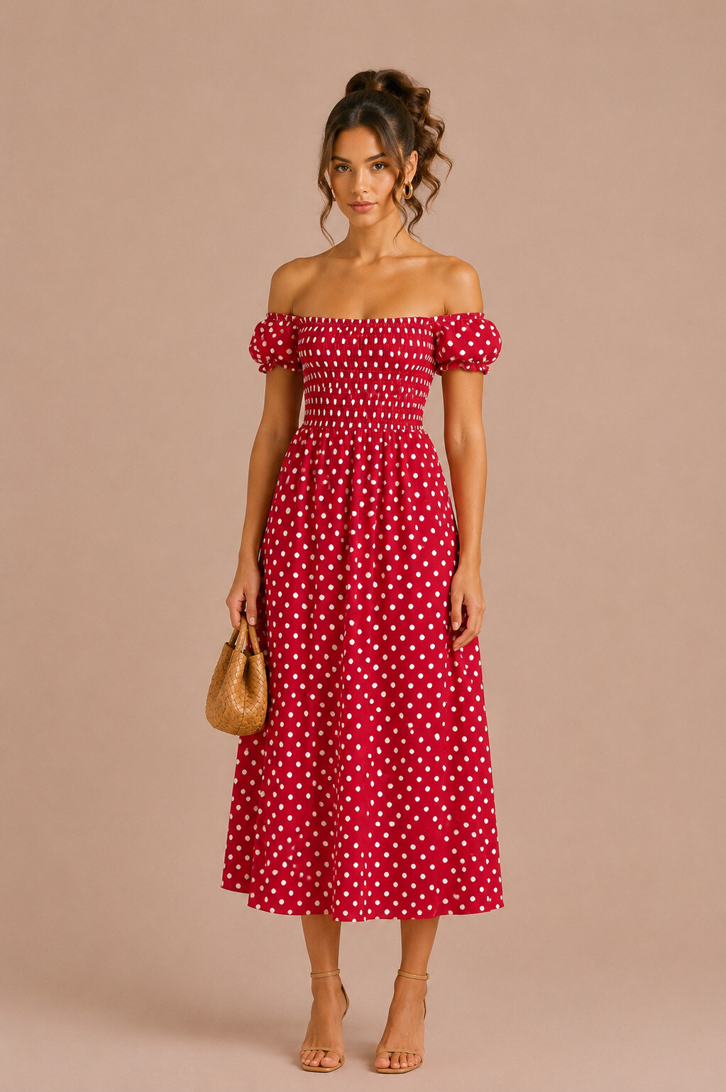 Grossiste MISS SARA - Robe midi smockée à imprimé à pois