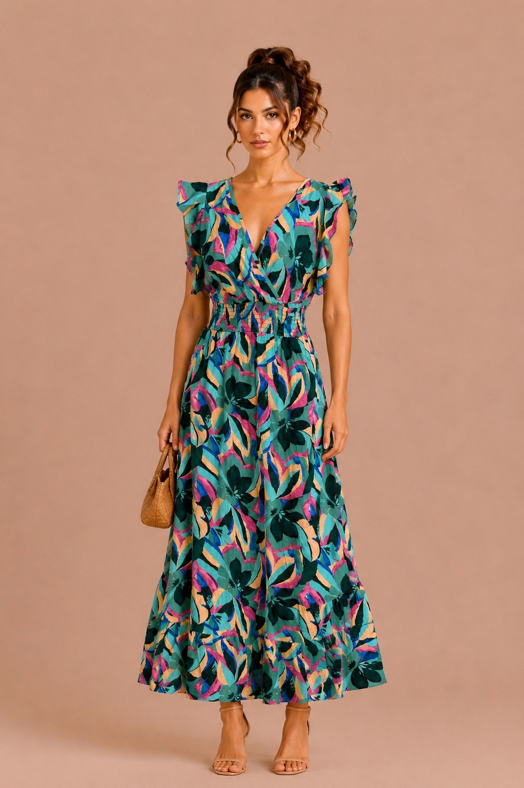 Mayorista MISS SARA - Vestido largo estampado con pequeñas mangas con volantes