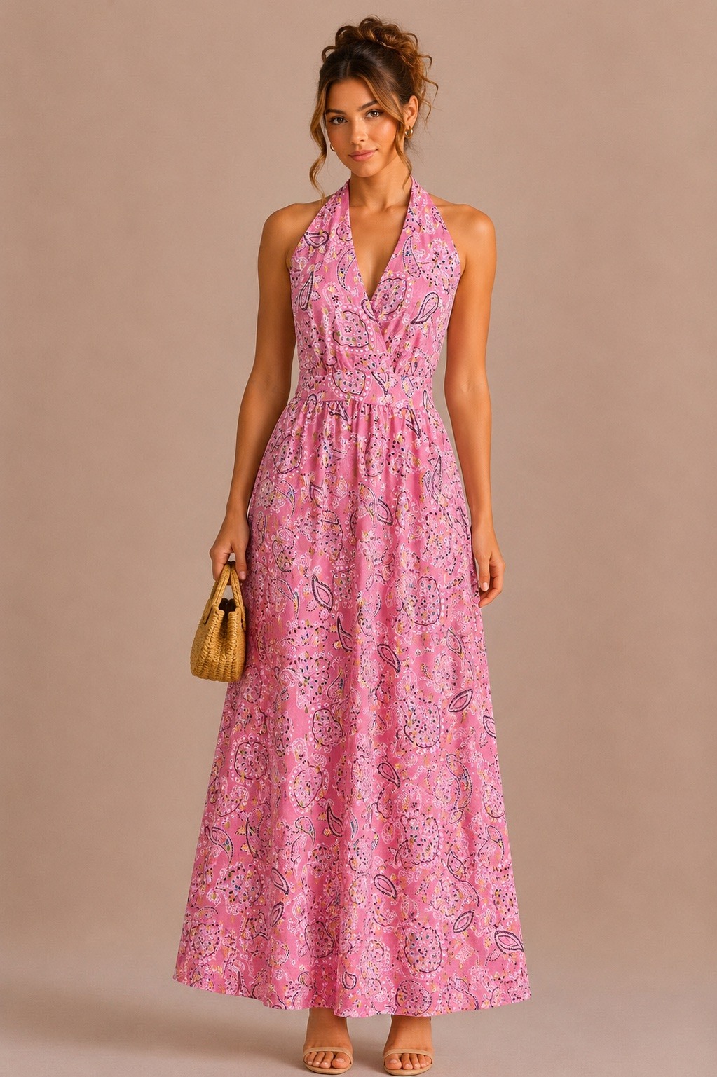 Wholesaler MISS SARA - Long backless dress with a smocked back and lemon print