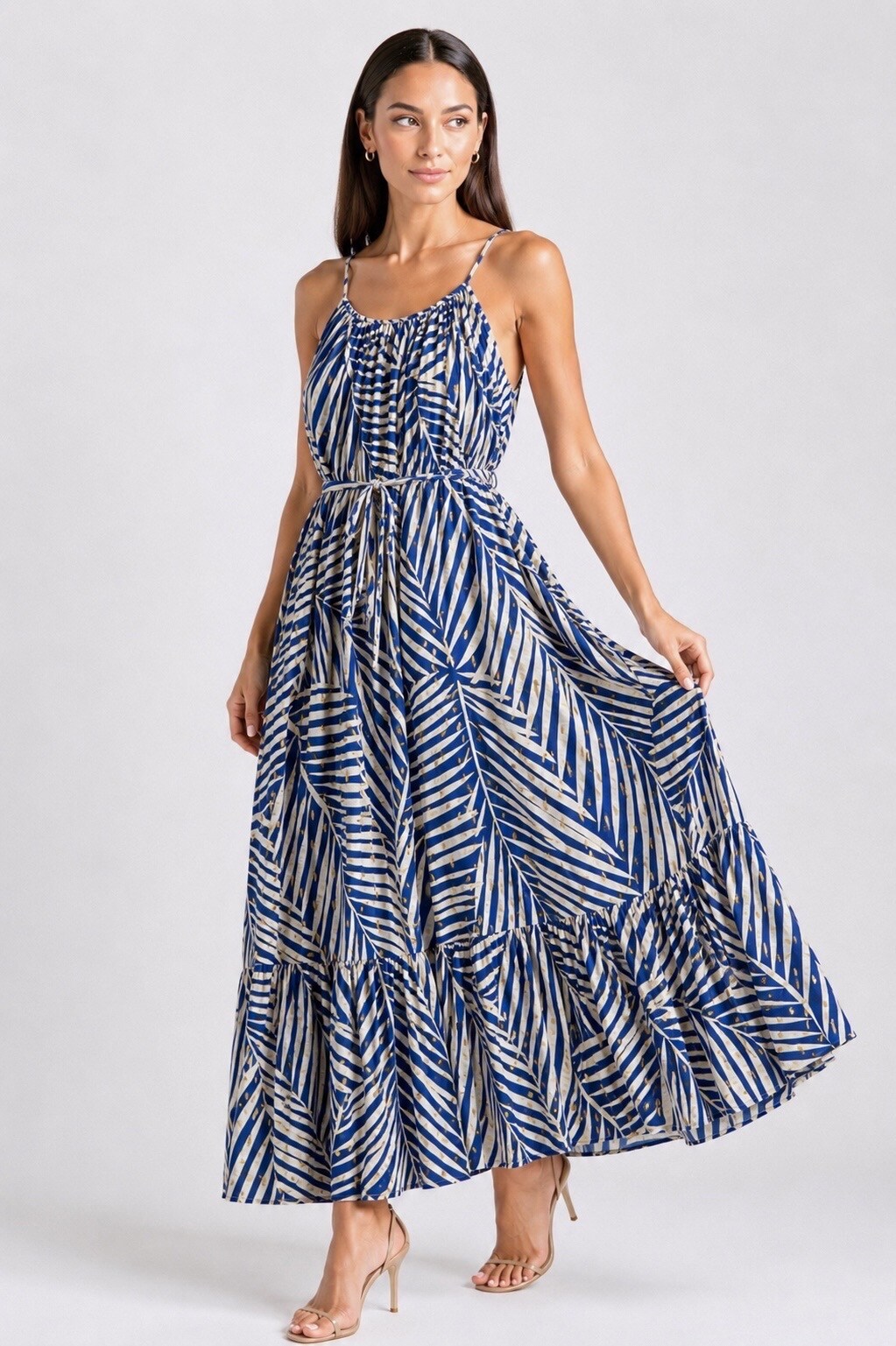 Mayorista MISS SARA - Vestido largo y holgado con tirantes ajustables, cinturón y estampado con detalles dorados