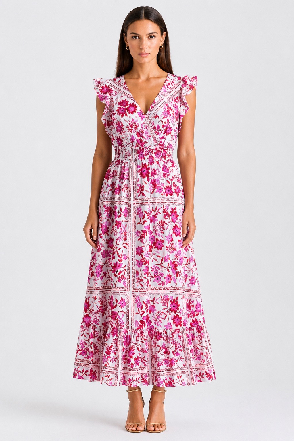 Mayorista MISS SARA - Vestido largo estampado con pequeñas mangas con volantes