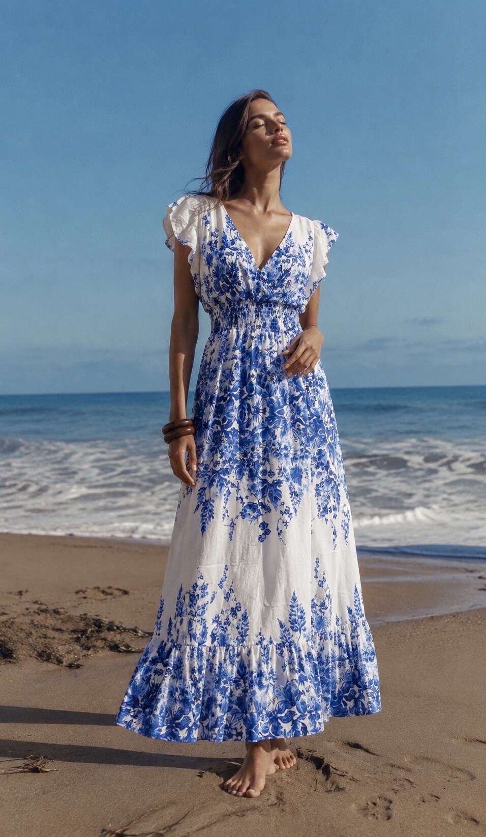 Mayorista MISS SARA - Vestido largo estampado con mangas con volantes, escote en V y cintura fruncida