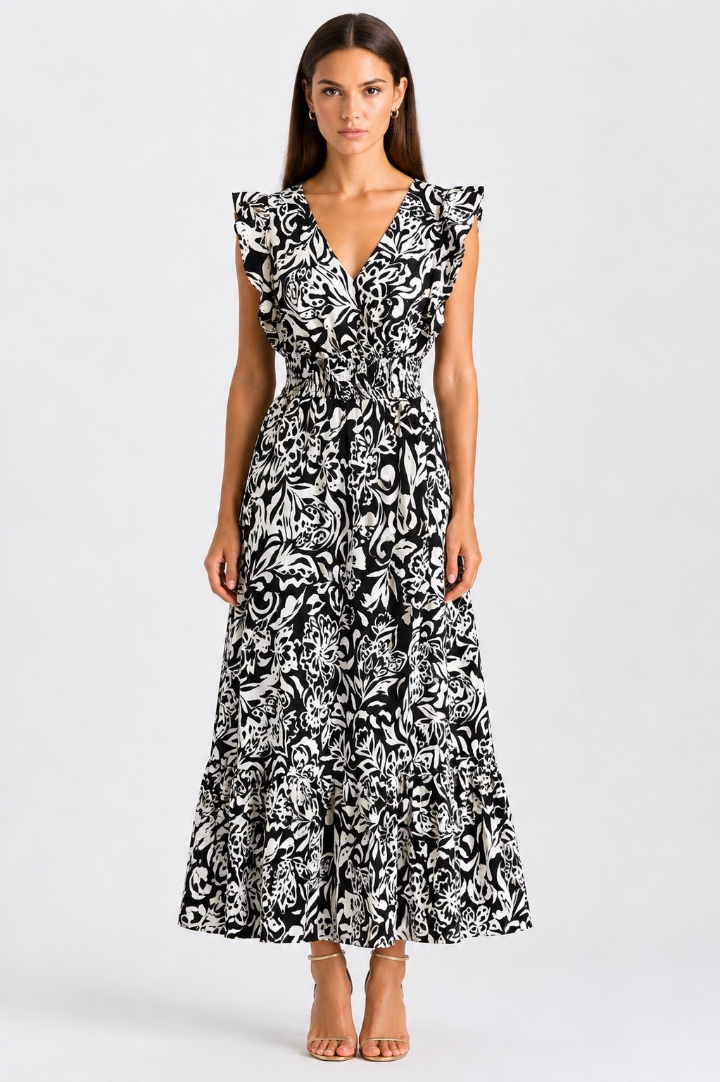 Mayorista MISS SARA - Vestido largo estampado con pequeñas mangas con volantes