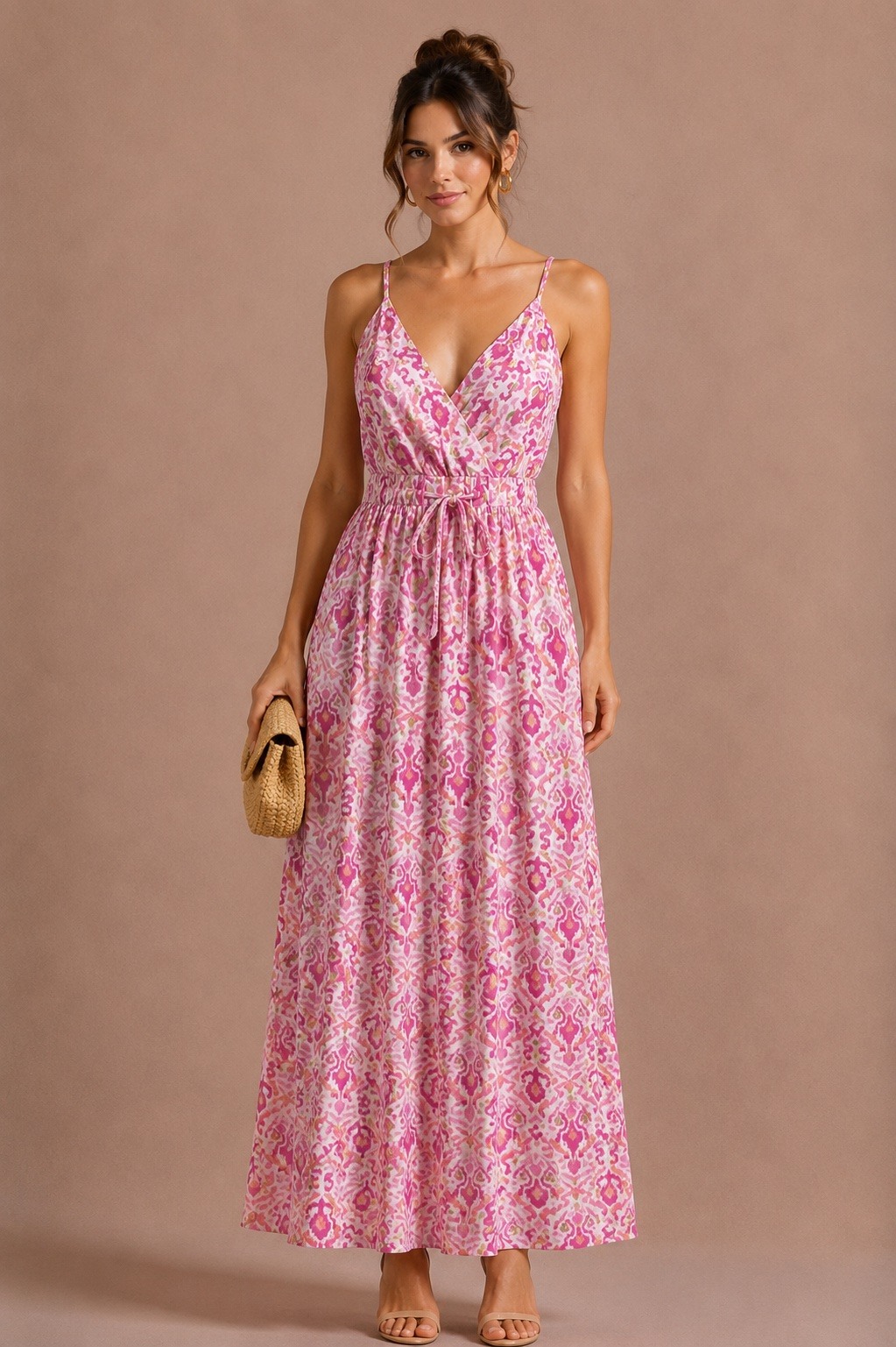 Großhändler MISS SARA - Bedrucktes Kleid mit verstellbaren Trägern und goldenen Details
