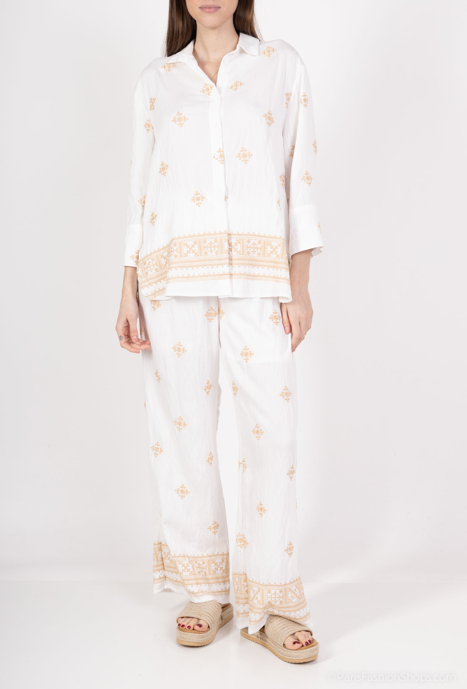 ensemble deux pièces chemise et pantalons à brodé - Blanc - 1 - grand format