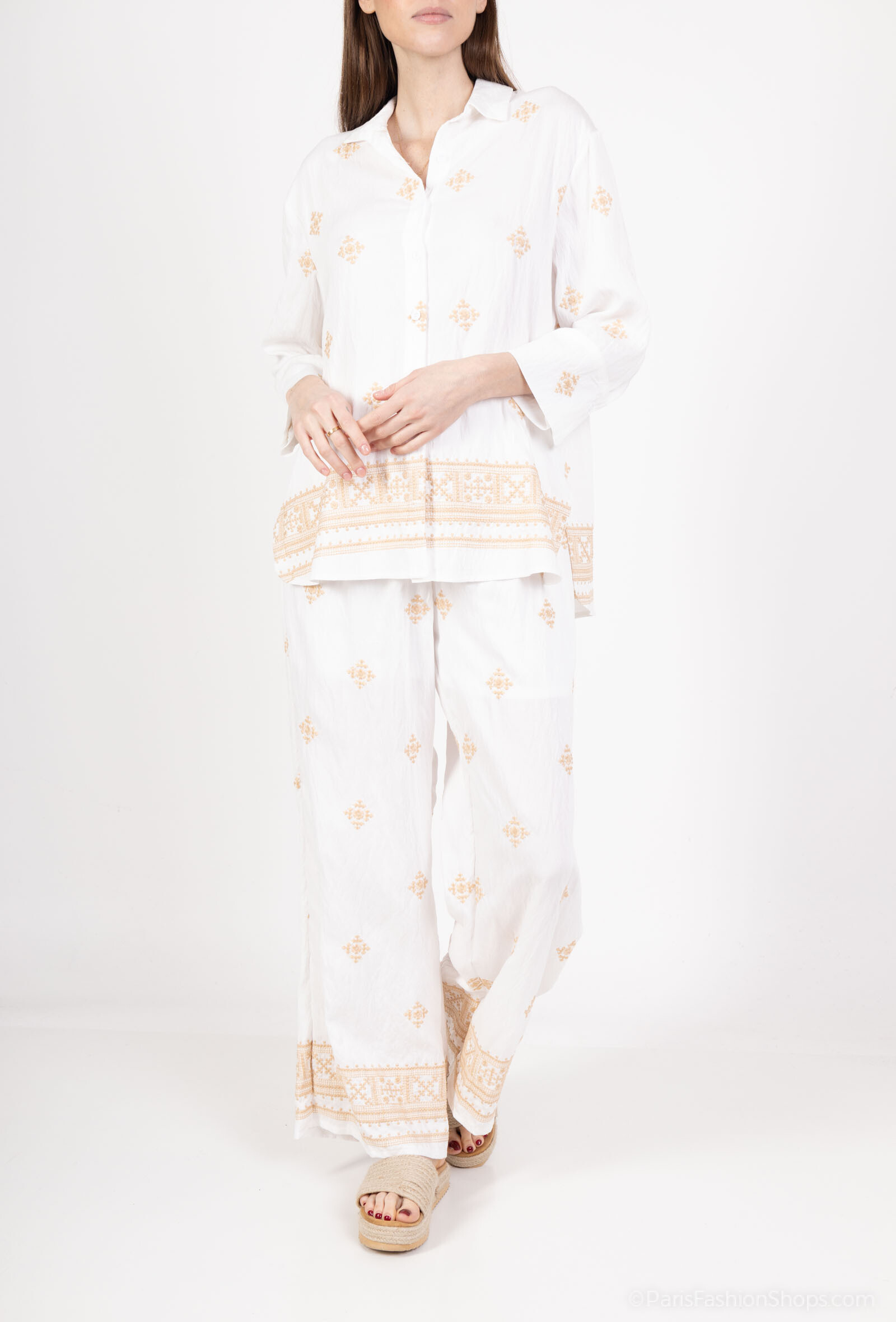 ensemble deux pièces chemise et pantalons à brodé - Blanc - 2 - grand format
