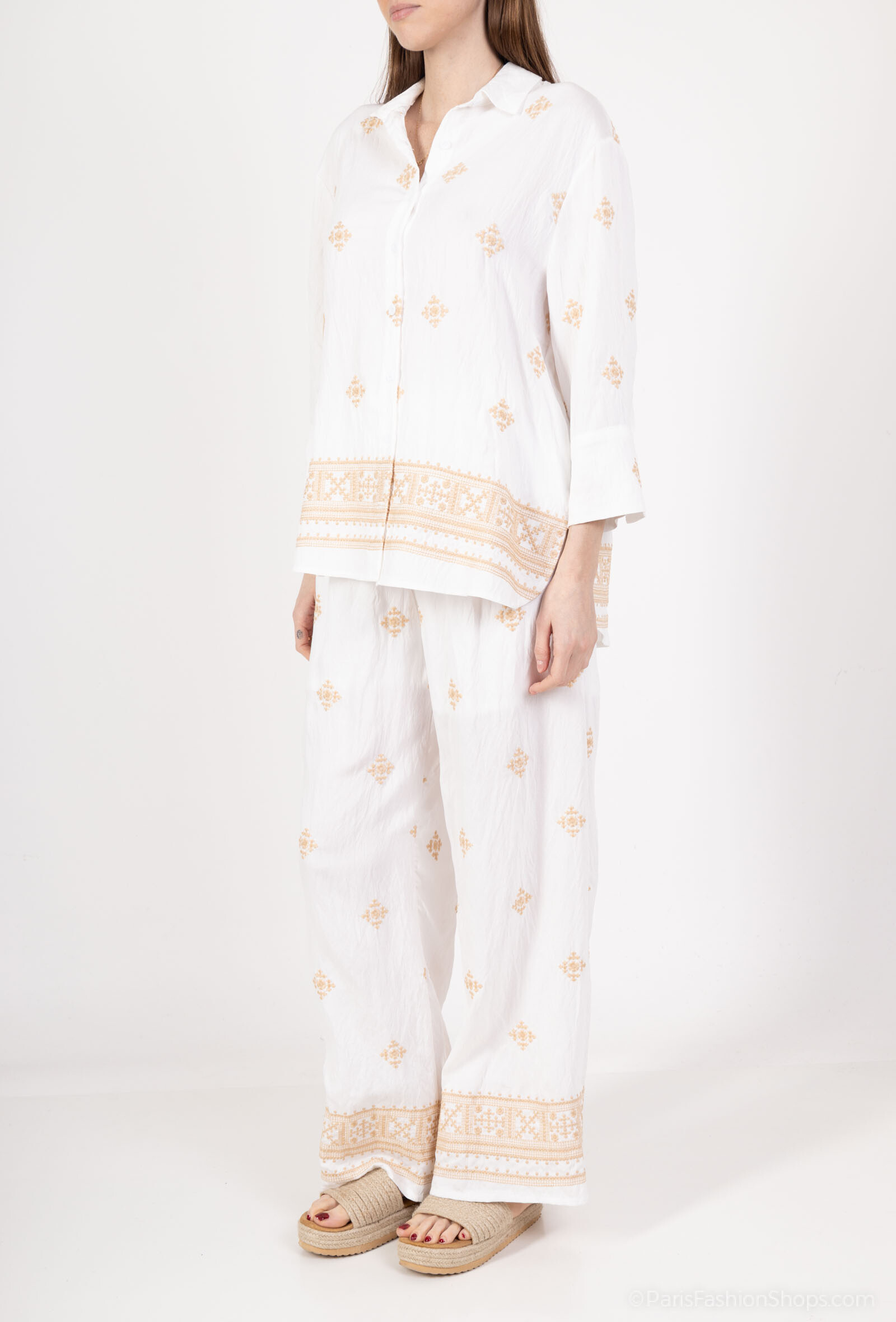 ensemble deux pièces chemise et pantalons à brodé - Blanc - 3 - grand format