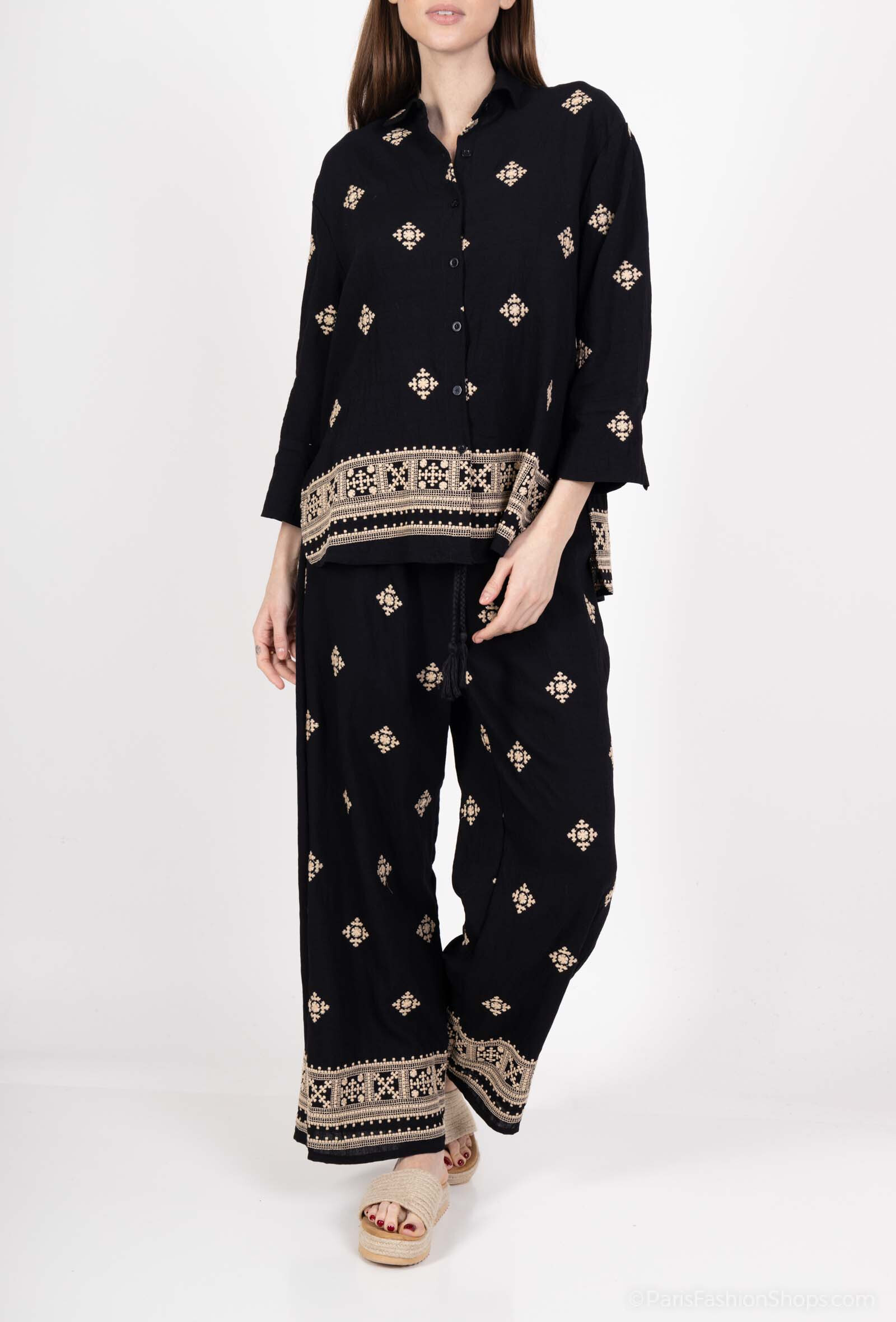ensemble deux pièces chemise et pantalons à brodé - Noir - 2 - grand format