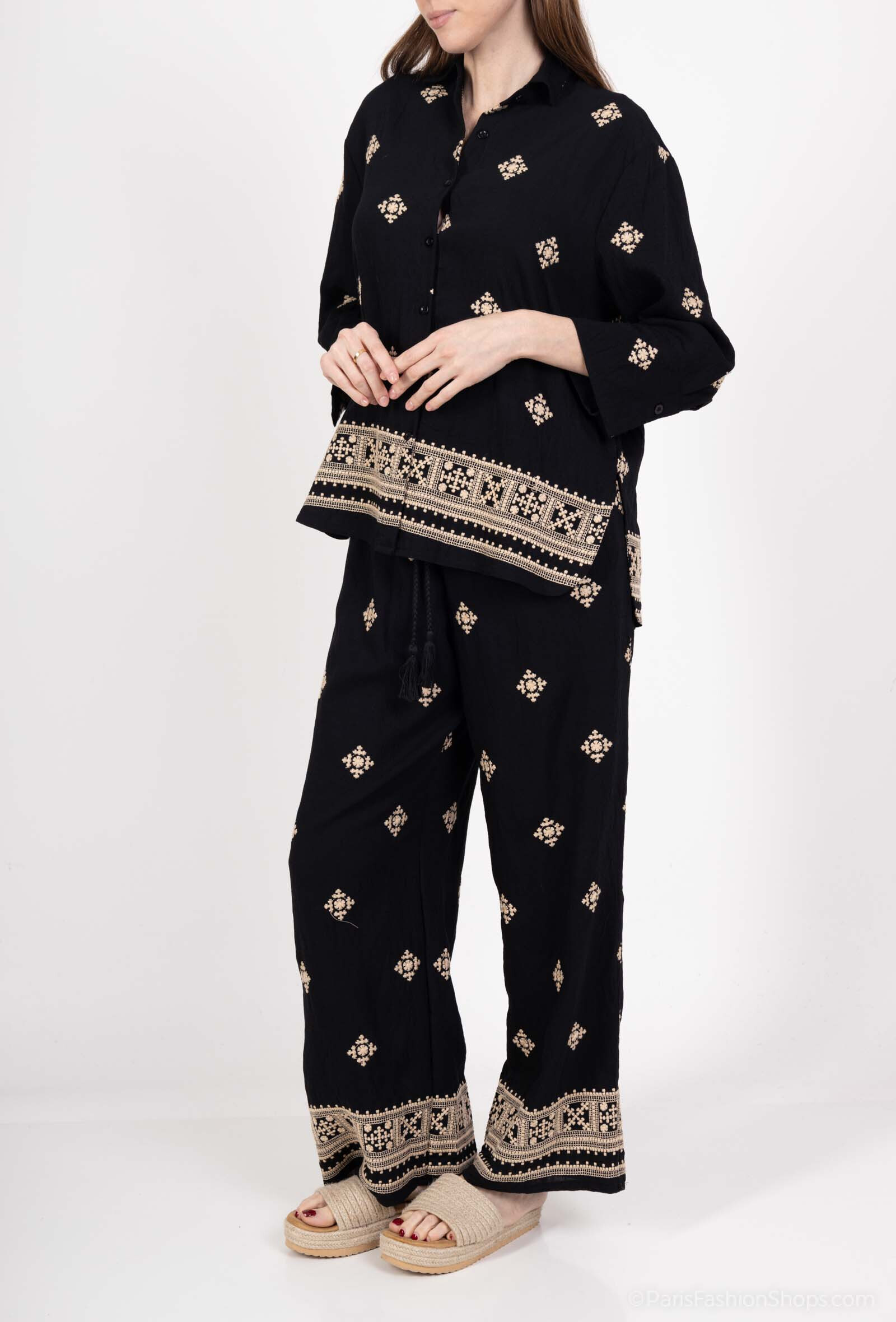 ensemble deux pièces chemise et pantalons à brodé - Noir - 3 - grand format