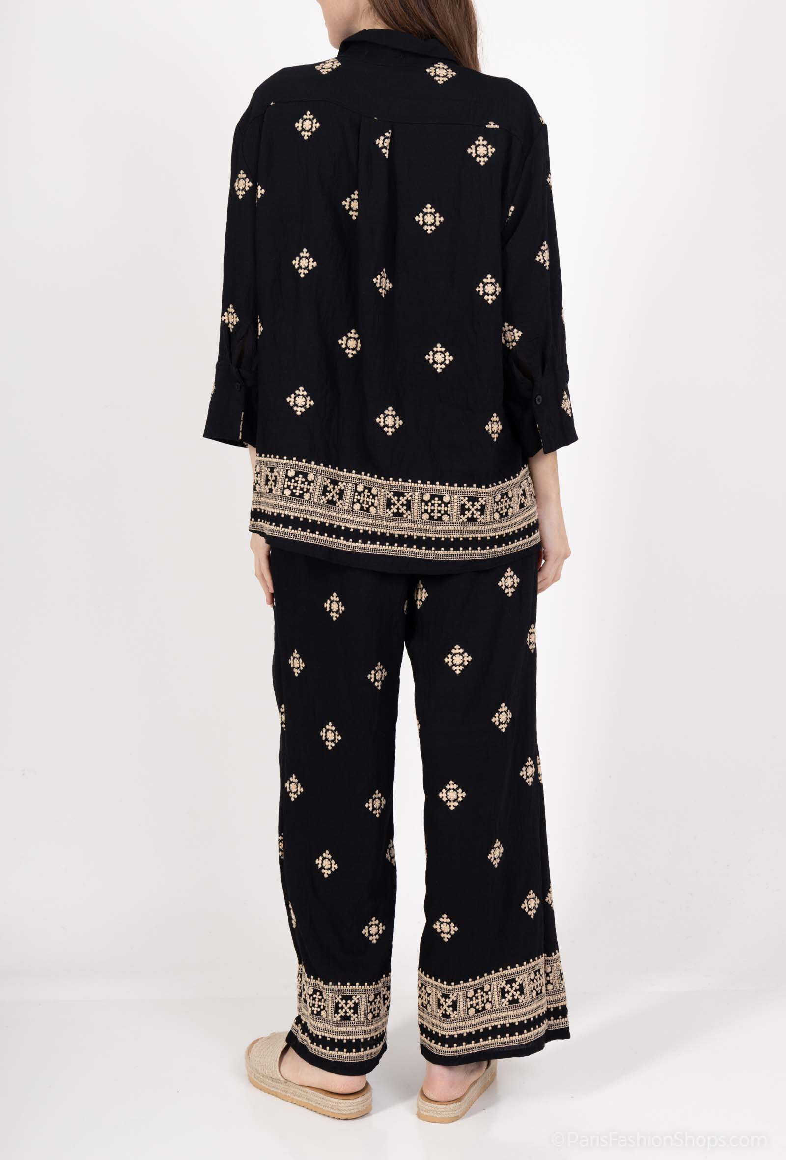 ensemble deux pièces chemise et pantalons à brodé - Noir - 4 - grand format