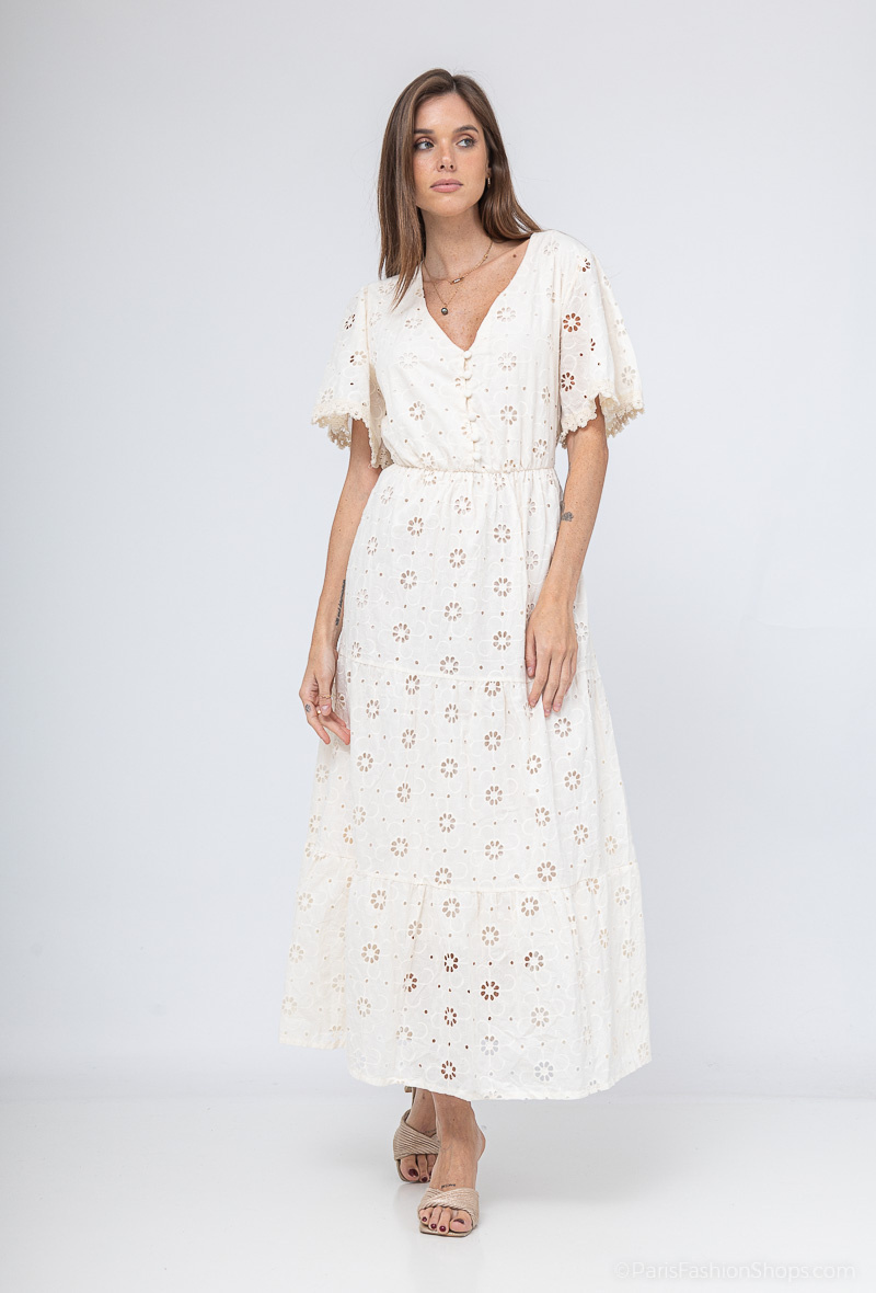 langes besticktes Kleid - Beige 2 - Miniaturansicht