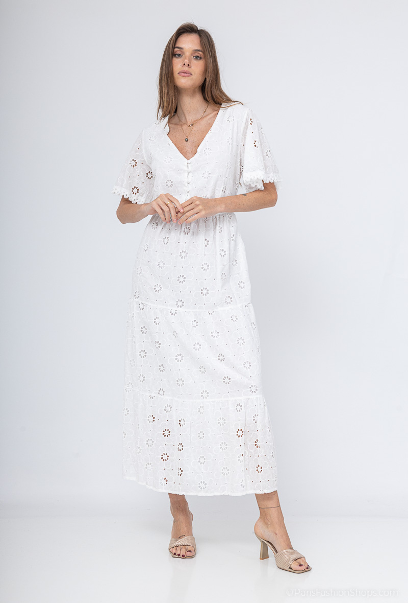 langes besticktes Kleid - Weiß - 2 - Großformat