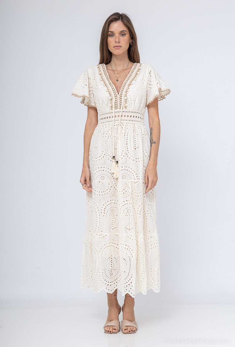 langes besticktes Kleid - Beige - 1 - Großformat