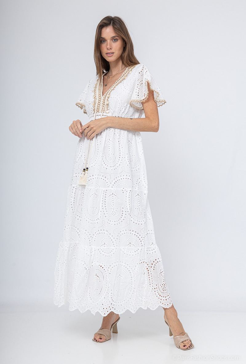 langes besticktes Kleid - Weiß - 2 - Großformat