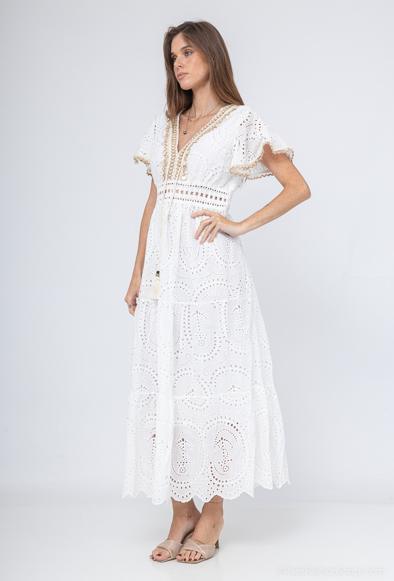 langes besticktes Kleid - Weiß - 3 - Großformat