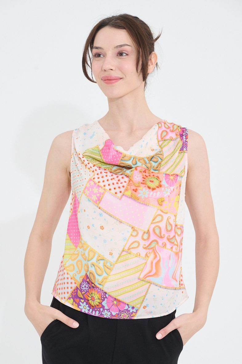 Grossiste Missy Tekstil - Top sans manche imprimé avec strass