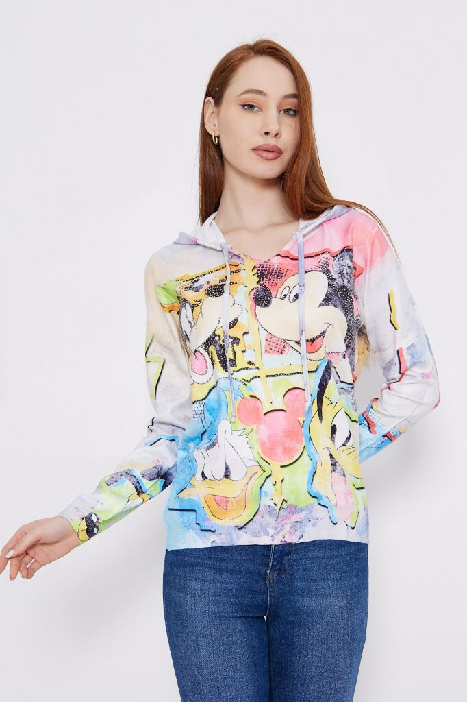 Wholesaler Missy Tekstil - PRINTED HOODED SWEATER WITH STRASS