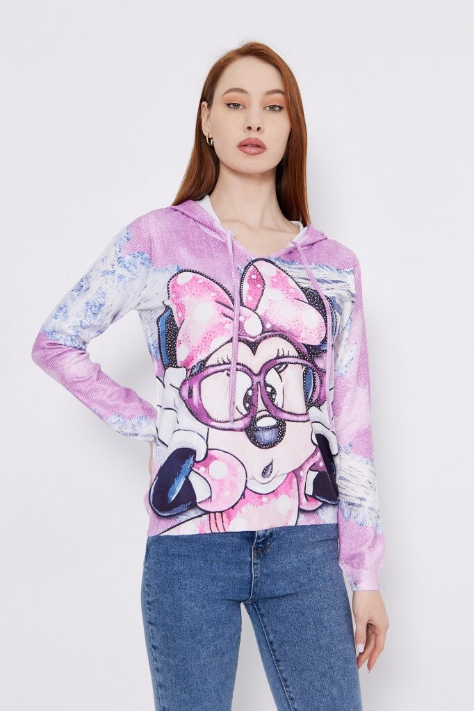 Wholesaler Missy Tekstil - PRINTED HOODED SWEATER WITH STRASS