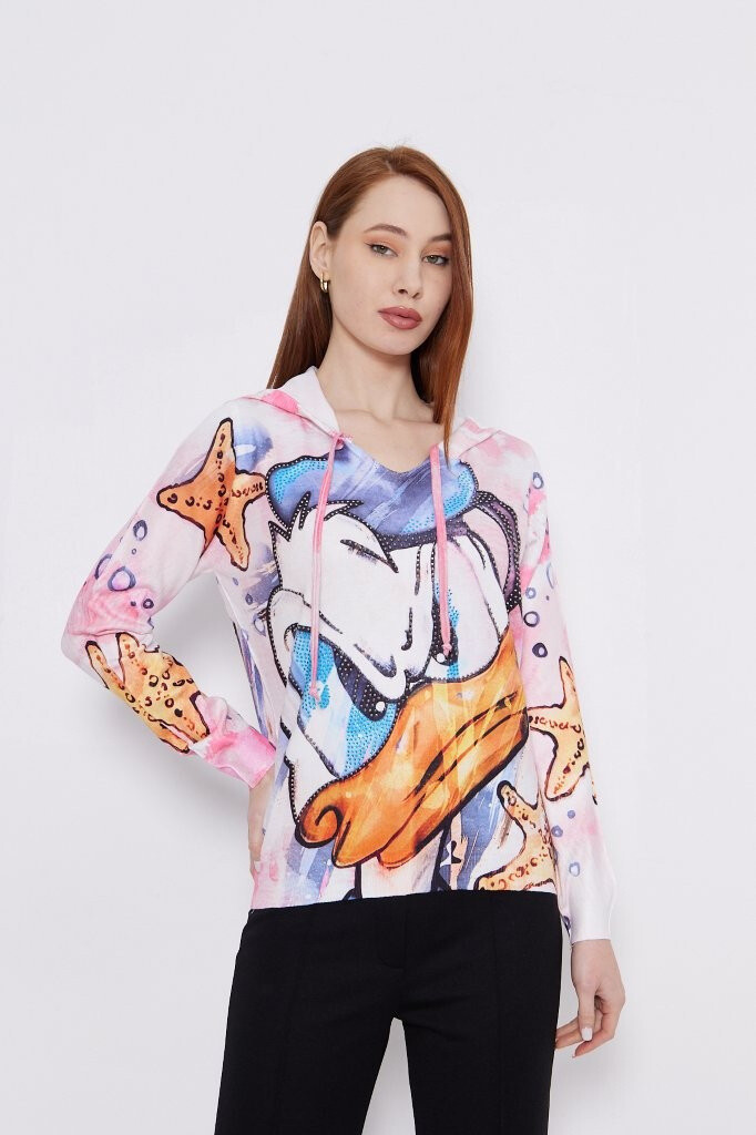 Wholesaler Missy Tekstil - PRINTED HOODED SWEATER WITH STRASS